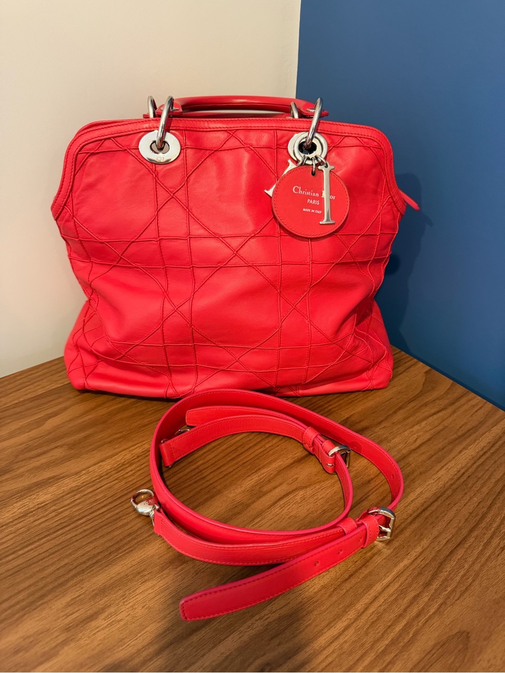 Dior Cannage Red Quilted Leather Handbag Bag with Strap